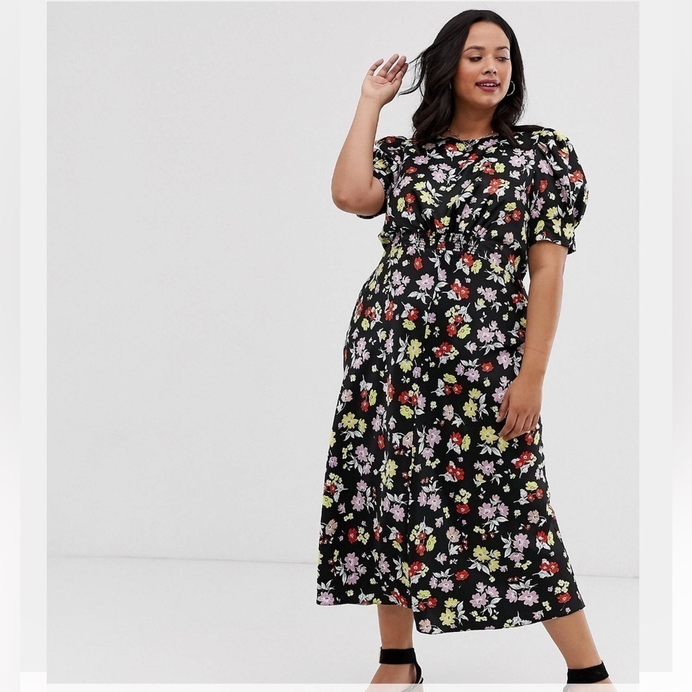 ASOS DESIGN Curve black midi tea dress in bright grunge floral print size 18 US